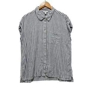 Orvis Womens Linen Blend Button‎ Top L Blue White Striped Coastal Beachy Travel